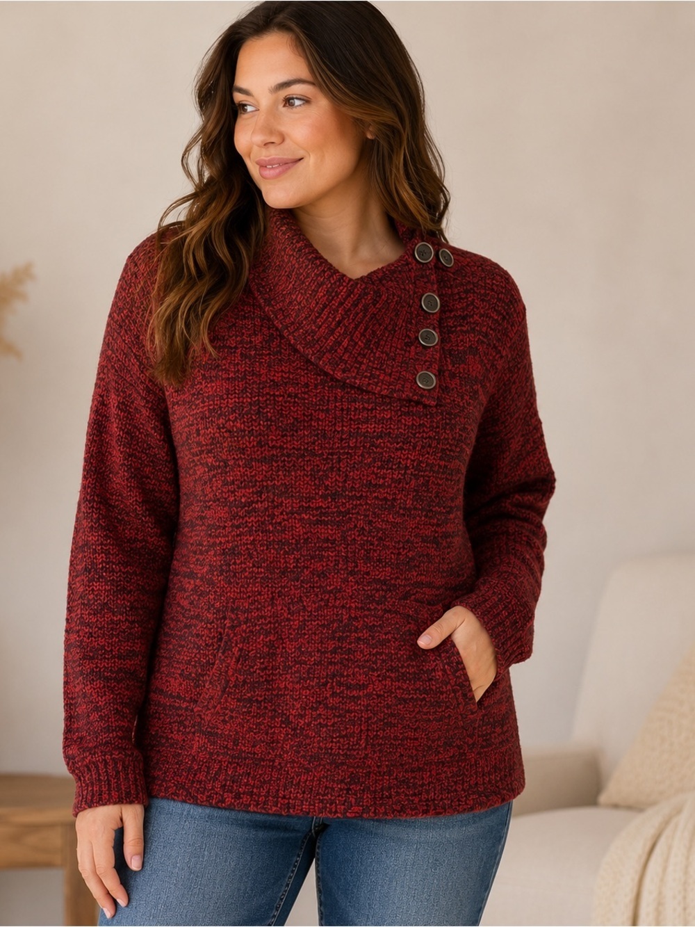 Style & Co Petite Large Red Black Knit Button Cowl Neck Sweater Kangaroo Pocket